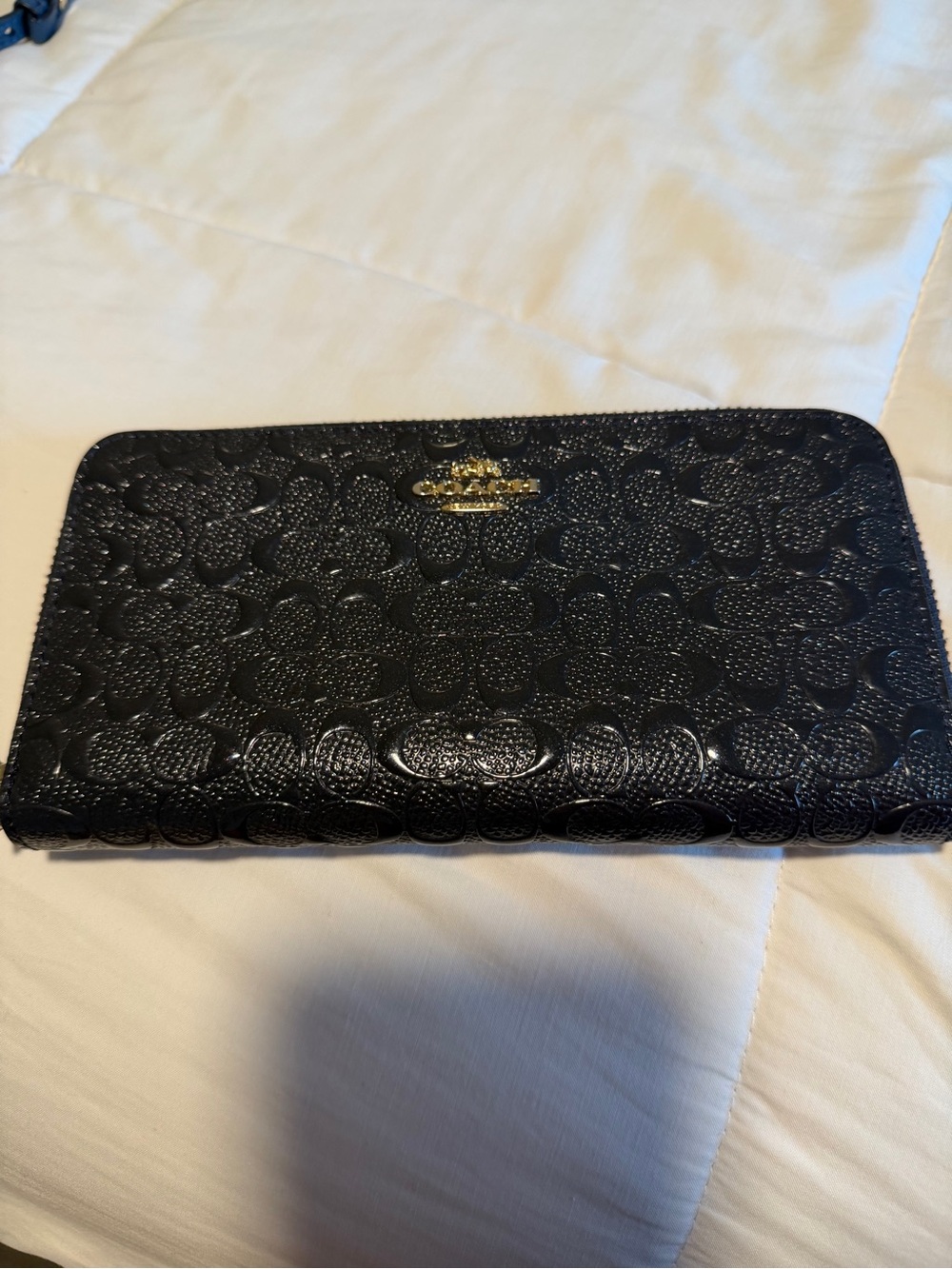 Coach Black Embossed Signature Zip Wallet with Gold Logo